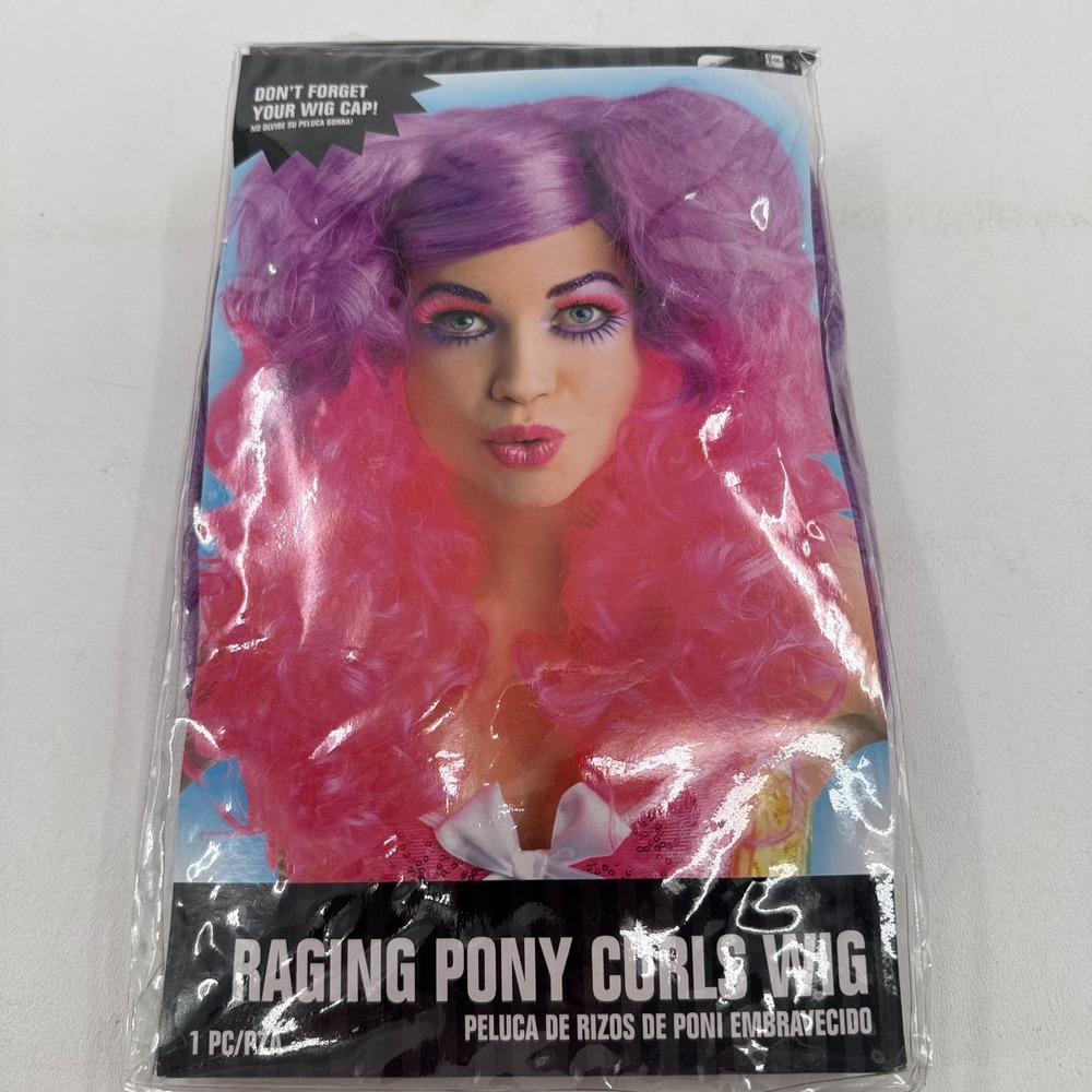 Halloween Costume Wig Raging Pony Curls Cap Pink Purple NEW